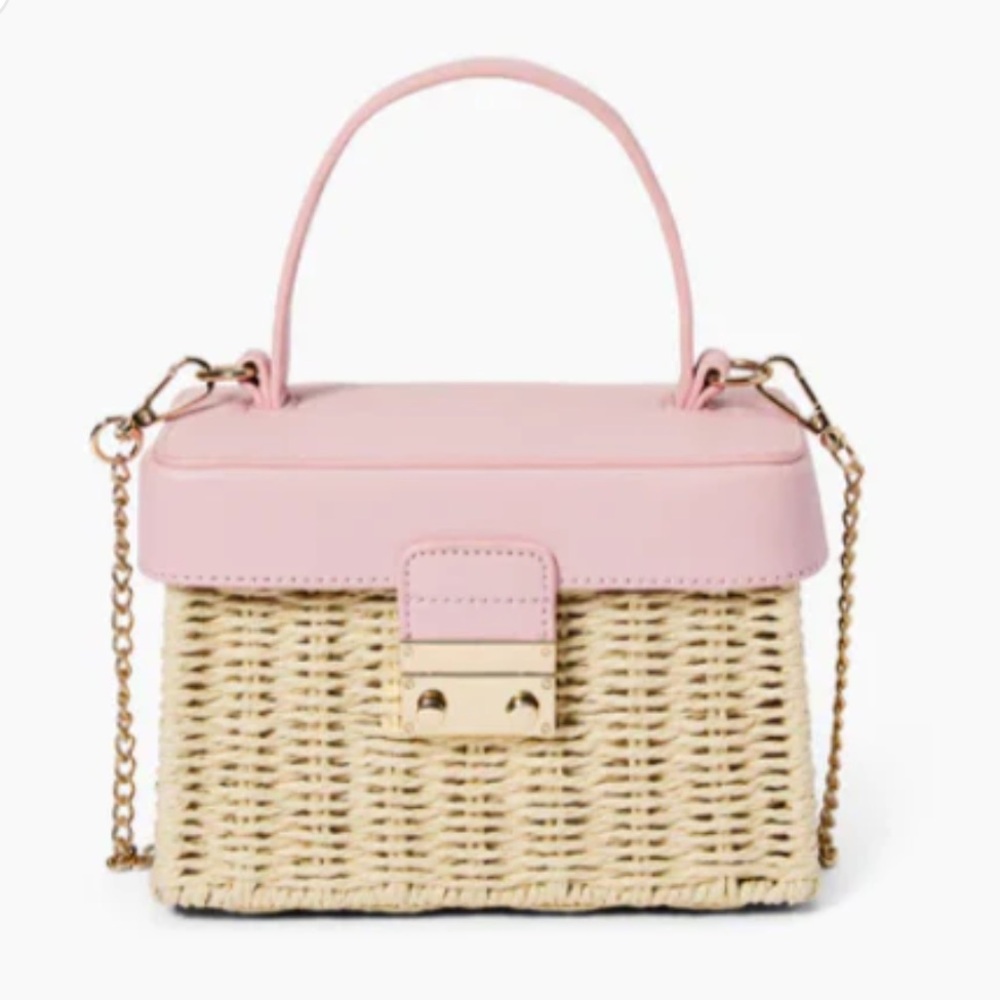 Woven Box Crossbody Bag with Pink Leather Top